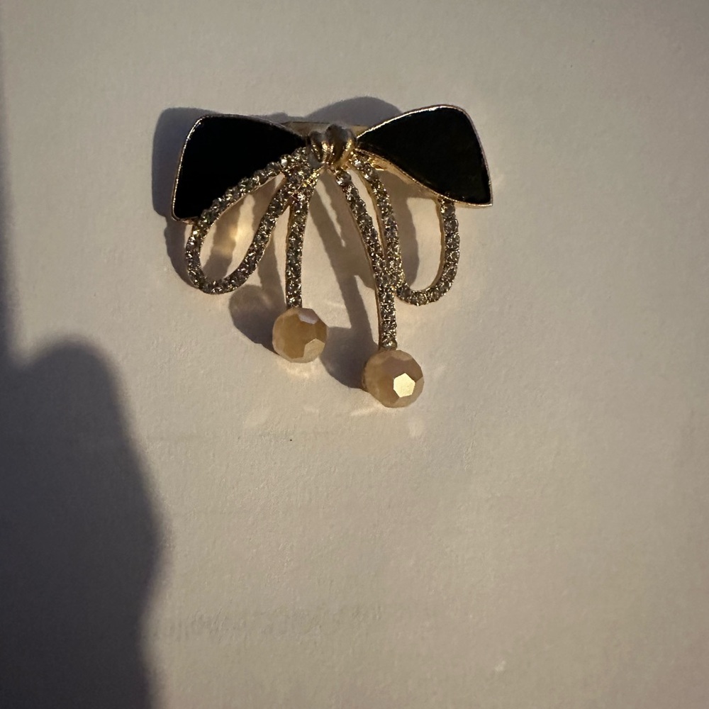 Bow Brooch with Black Enamel and Crystals Gold Tone - Picture 2 of 2
